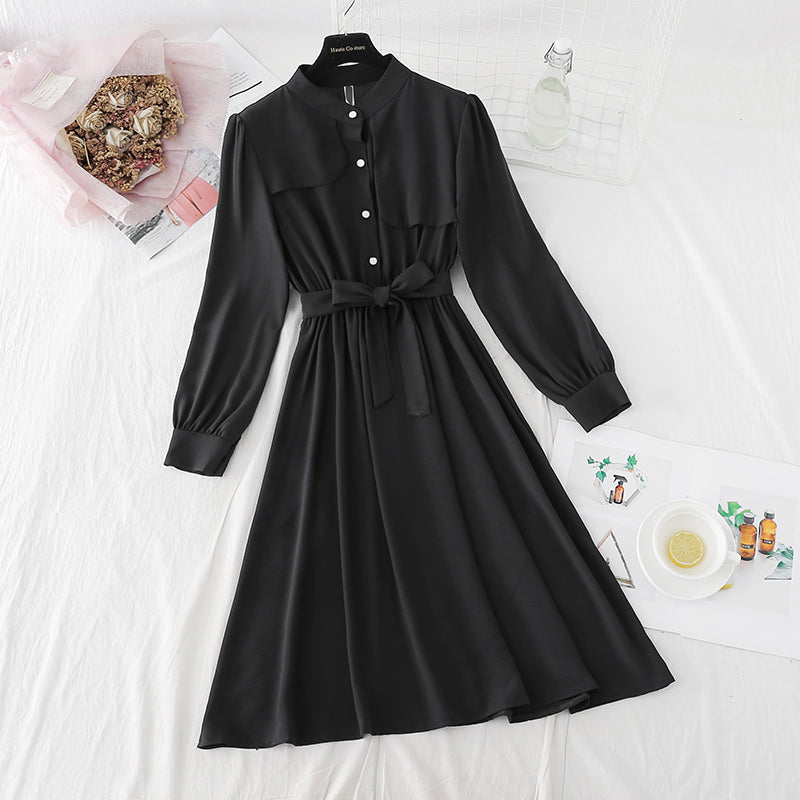French knee length dress design sense of minority lace up solid color thin skirt  2150