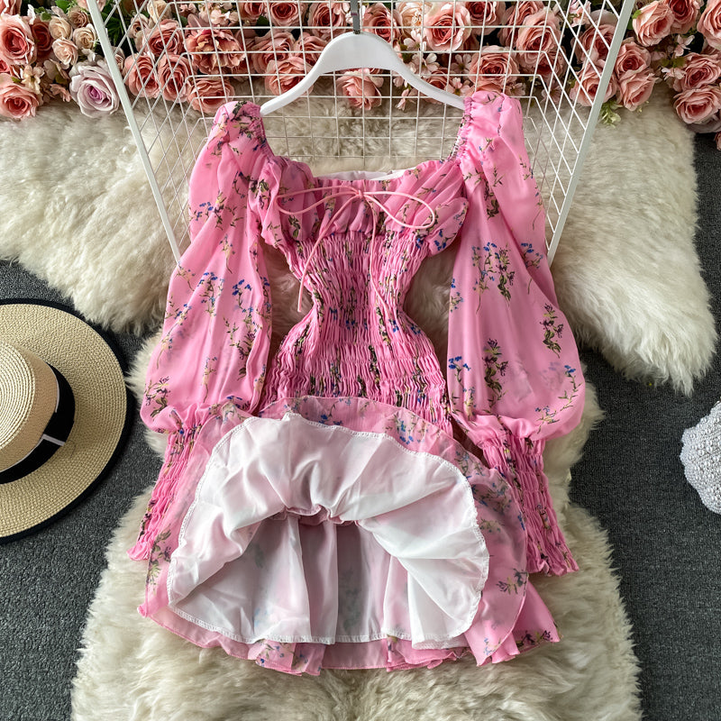 Slim Chiffon pleated floral Ruffle long sleeved dress for women  2727