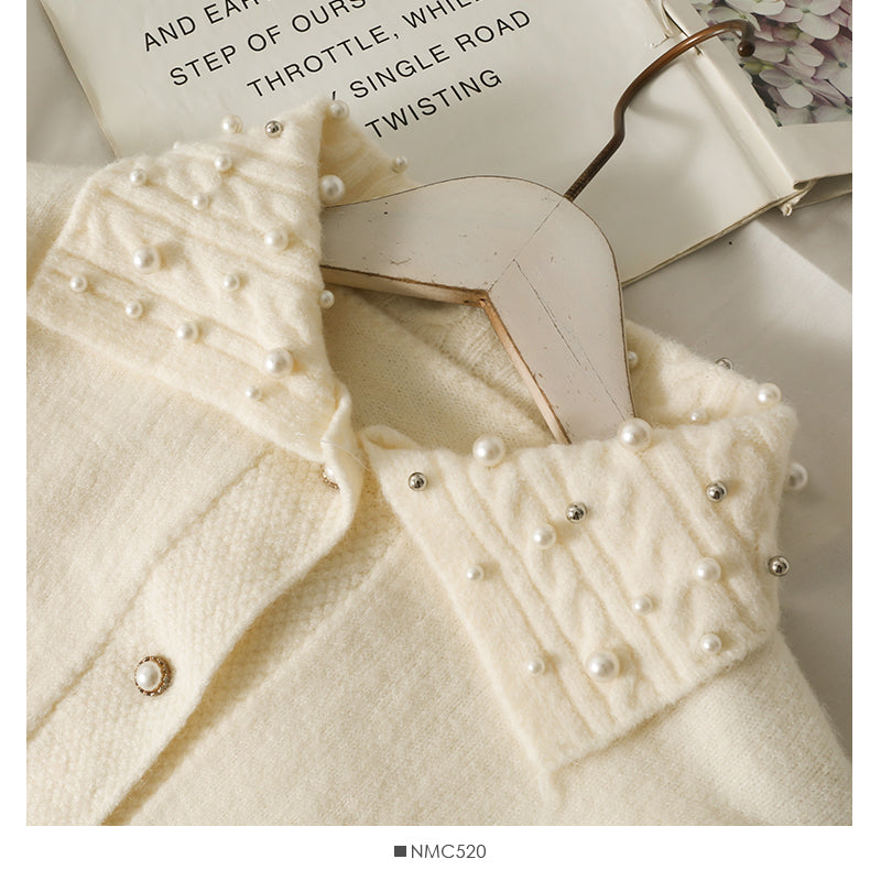 Pull cardigan slim à simple boutonnage avec revers perlés 2034