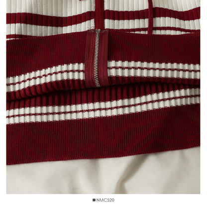 Cardigan à capuche avec cordon de serrage et fermeture éclair pour femme, pull fin à rayures coréennes, 2015