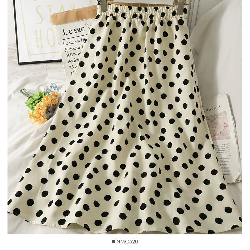 Hong Kong Vintage printed elastic waist thin over knee A-line skirt  2623