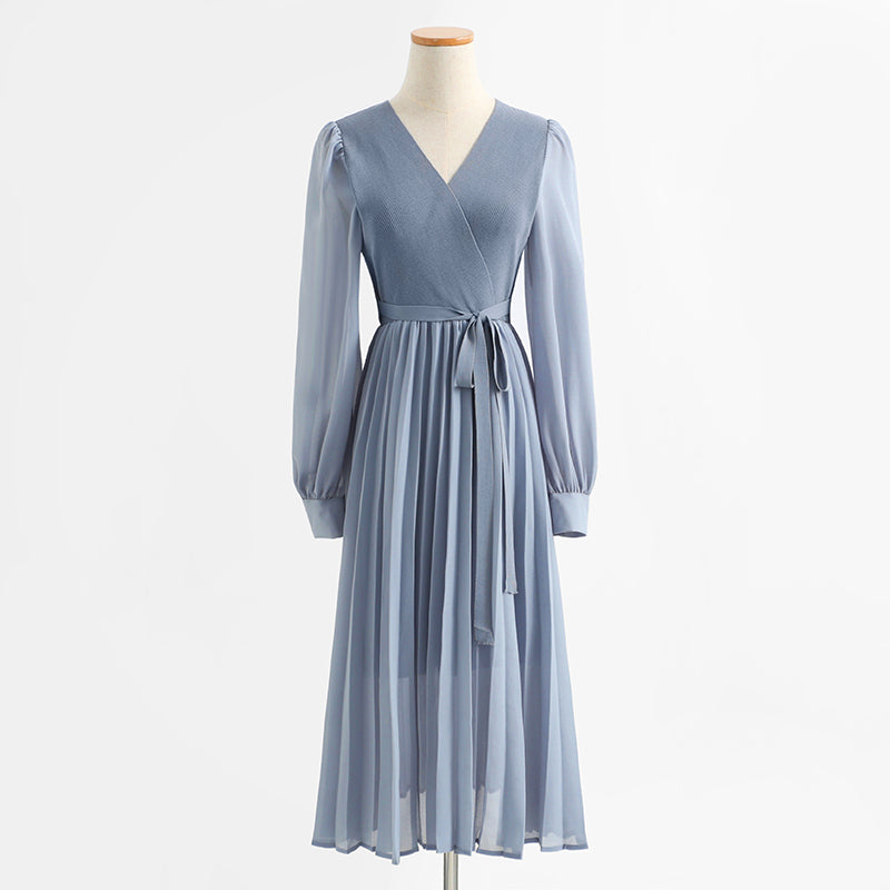 Dress V Neck Long Sleeve knee bottomed skirt pleated patchwork tea break skirt  2140