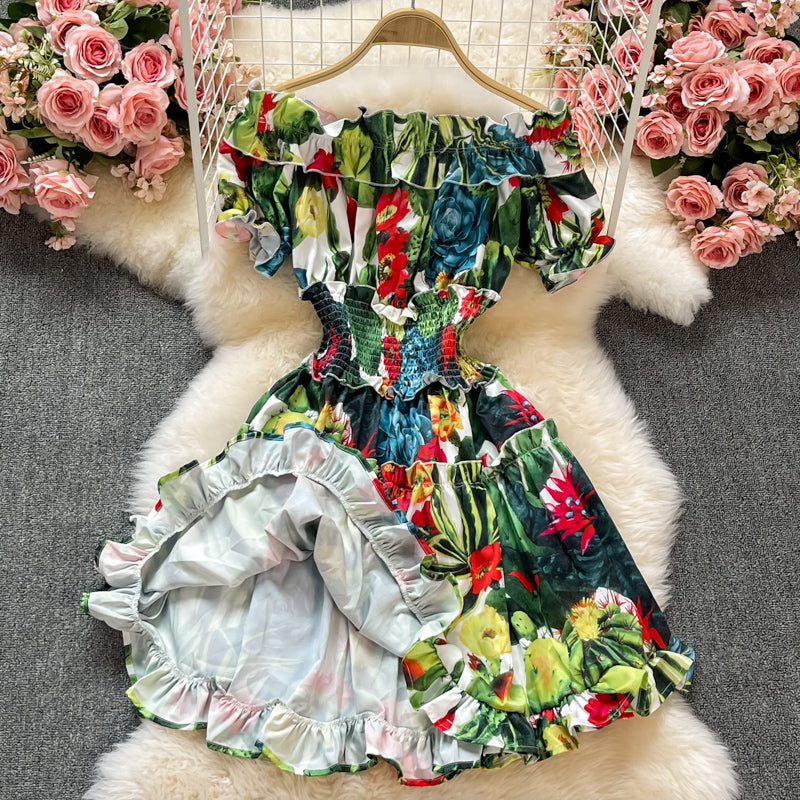 Robe jupe trapèze à volants et imprimé à la taille 3194