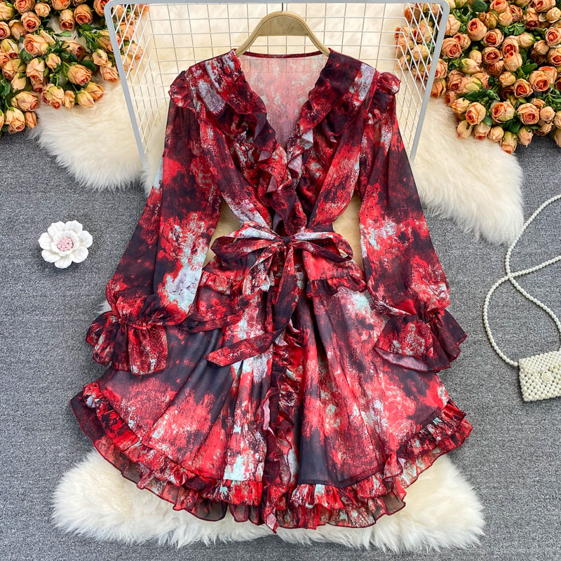 Robe en mousseline fleurie à volants et col en V 2854