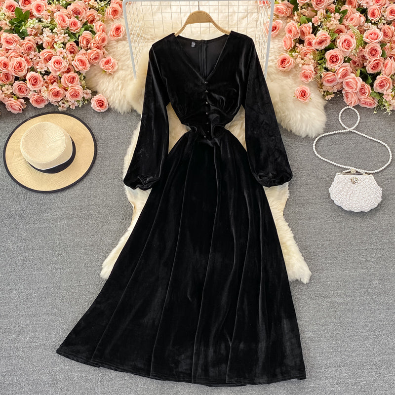 V-neck temperament high waist slim velvet dress  3089