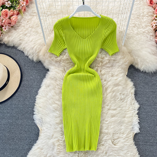 Robe en maille slim à col en V Hip Wrap 2973