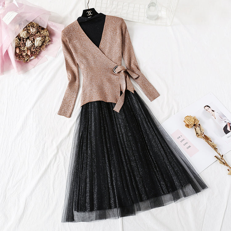 New long sleeve top pleated yarn skirt  2356