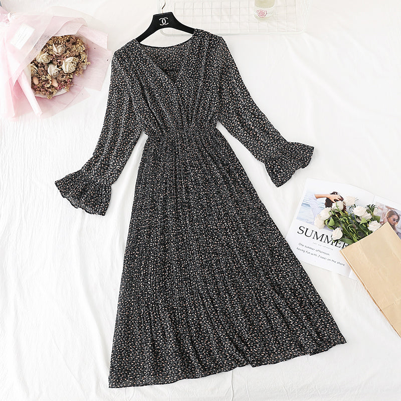 Small fresh pleated French retro long skirt Kikyo skirt  2383