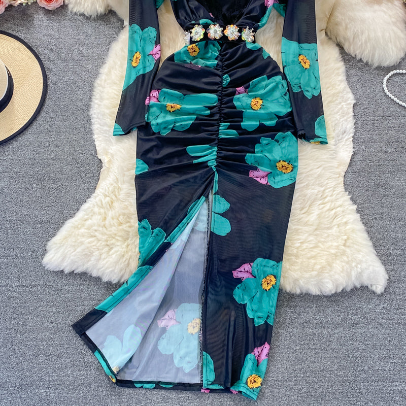 Robe portefeuille élastique sexy à col en V et imprimé 3248
