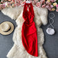Hollow out backless sexy hanging neck V-neck dress  2759