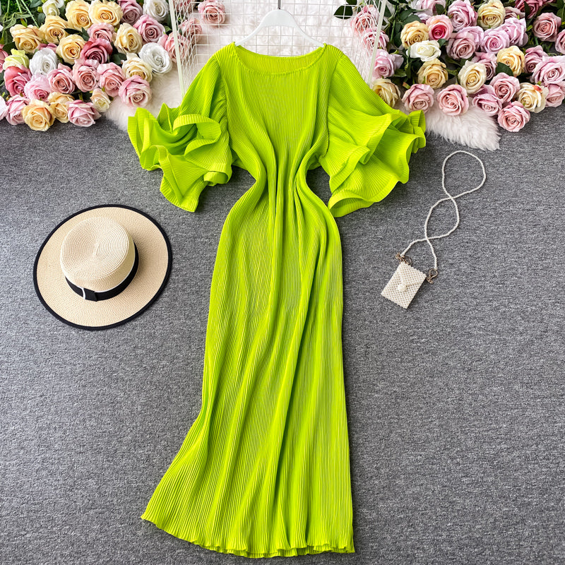 Ruffled large flared sleeve Pleated Dress  2758