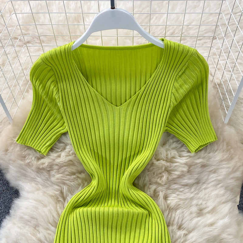 Robe en maille slim à col en V Hip Wrap 2973