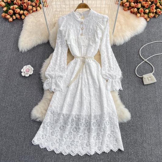 Stand collar backing brushed lace dress  3022