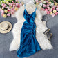 Waist drawcord Pleated Satin suspender dress  2791