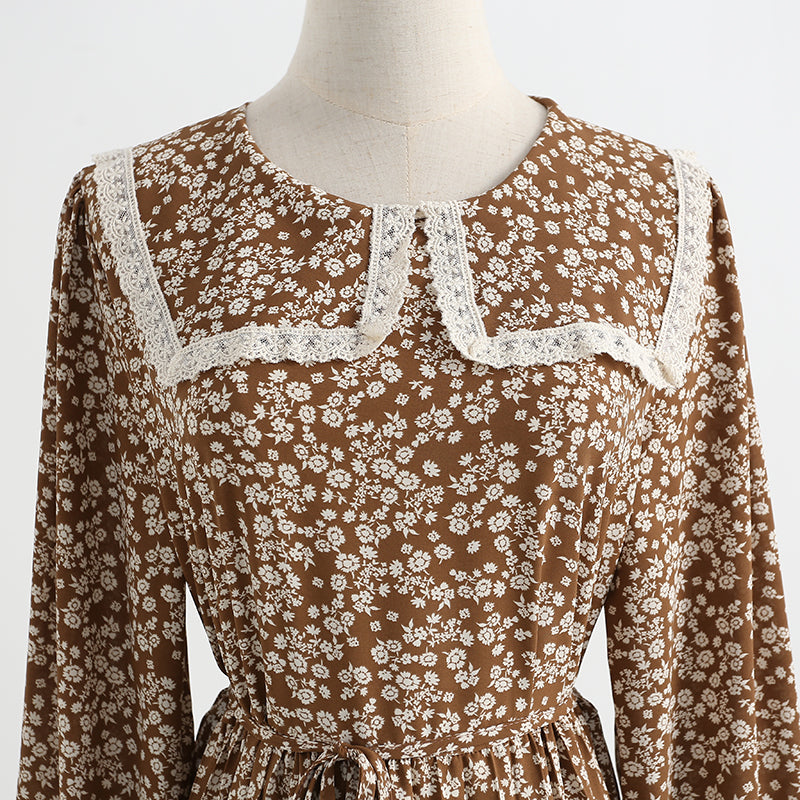 Dress gentle wind long sleeved chiffon skirt with slim waist and long Lapel skirt  2175