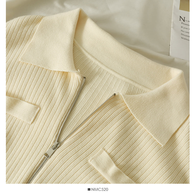Cardigan zippé à revers et manches longues à rayures verticales 1830