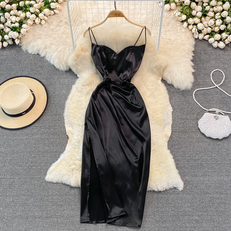 Robe à bretelles à col en V, mode mi-longue fendue, sac banane 3129