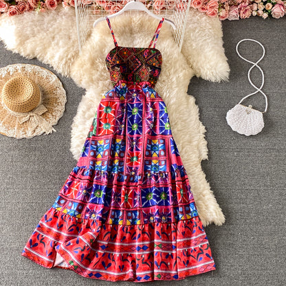 Robe à bretelles en broderie ethnique imprimée 3439