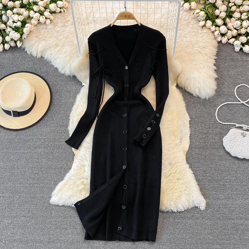 Robe en tricot à col en V de célébrité de la mode 3380
