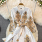 Robe à manches longues imprimée Court Vintage avec grande évasée 3382