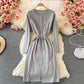 Robe pull en tricot à simple boutonnage et col rond, jupe 3075