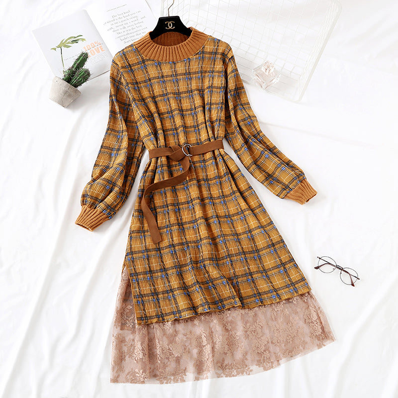 Polka Dot Plaid floral long skirt with lace bottom skirt is thin and tall  2460