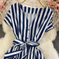 Robe à lacets à rayures et col en V de tempérament de célébrité 2962