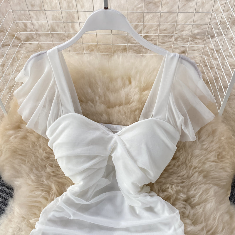 French sexy high waist thin pleated square neck wrap hip dress  2715