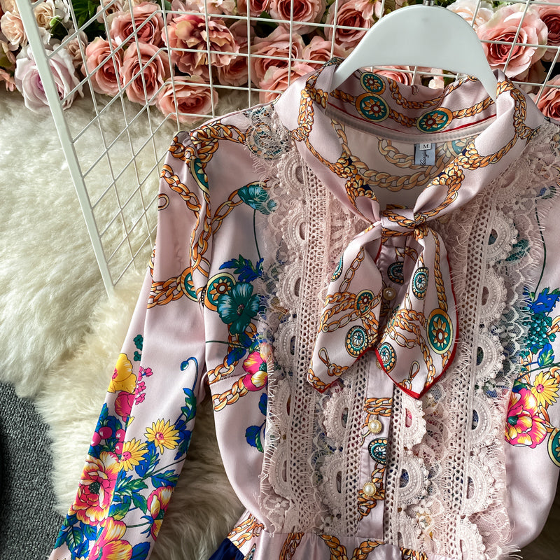 Robe plissée à imprimé nœud de style étranger de tempérament de célébrité 3167