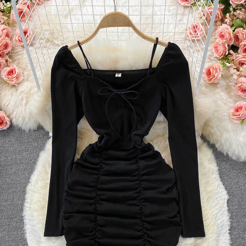 Robe portefeuille sexy à manches bouffantes, coupe slim, à lacets, plissée, col carré, 2917