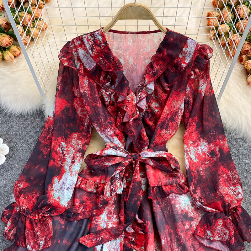 Robe en mousseline fleurie à volants et col en V 2854