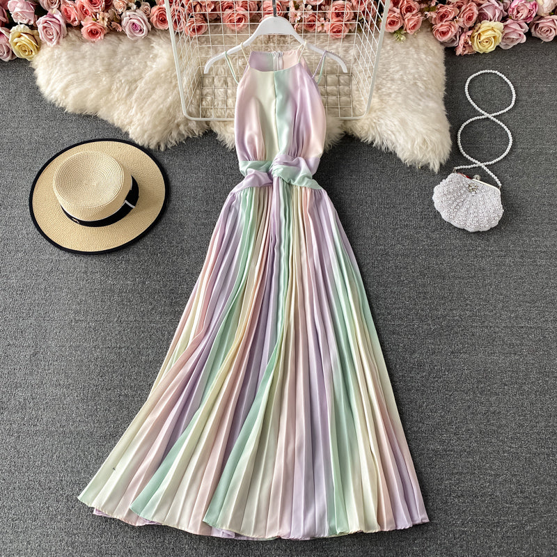 New sleeveless gradient rainbow neck suspender Pleated Dress  2728