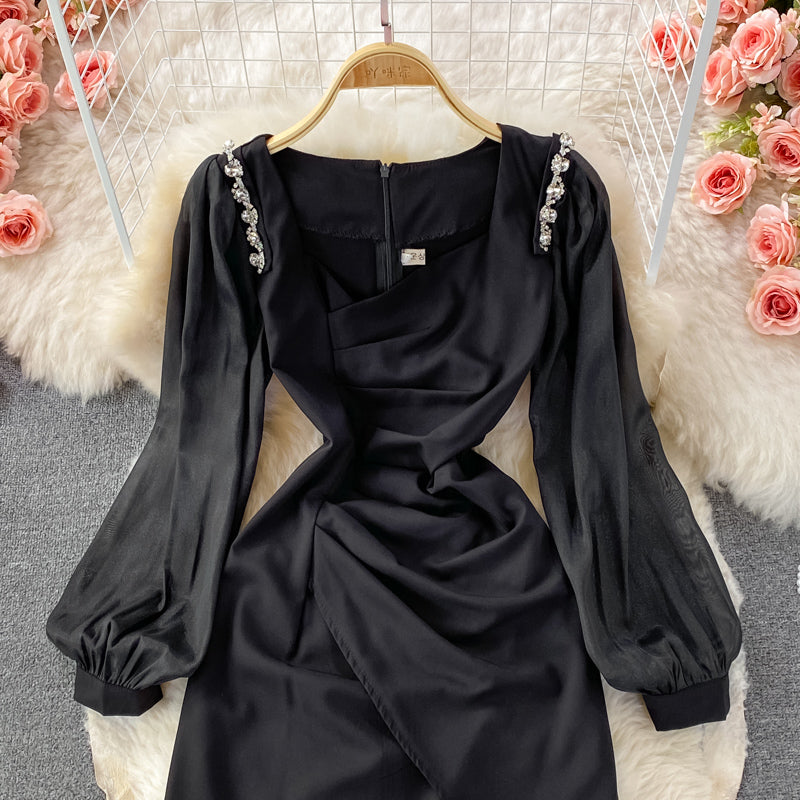 Robe à col carré à manches bouffantes de style rétro français coréen 2866