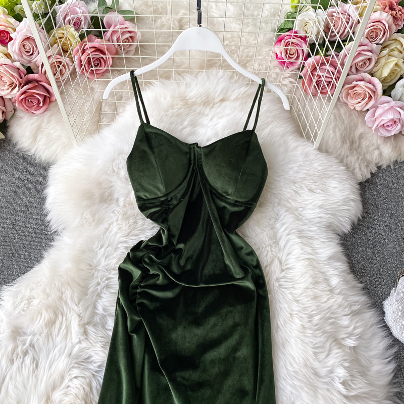 Robe en velours Hepburn vintage fendue Robe à bretelles sans bretelles 3142