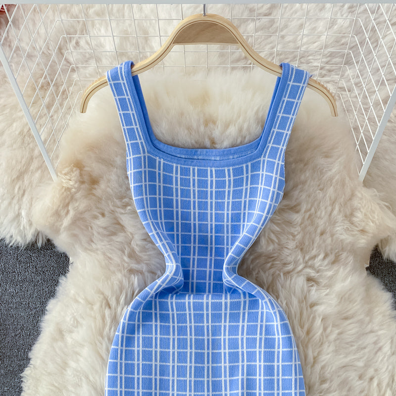 Suspender skirt shows thin ice silk knitted Plaid Hip Wrap Dress  2756