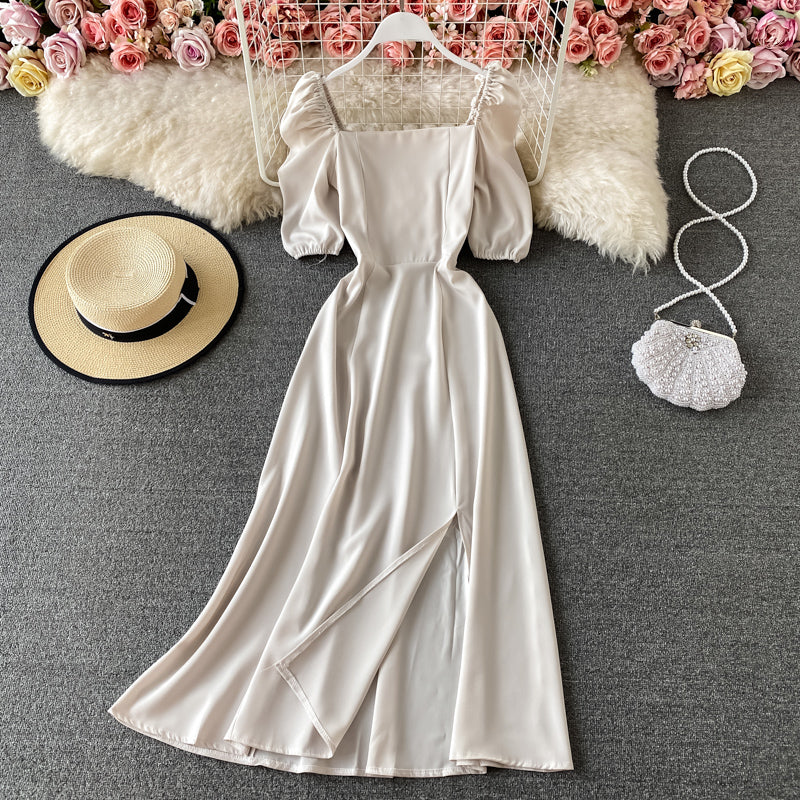 Robe moulante à taille haute à manches bouffantes et col carré rétro français 2940