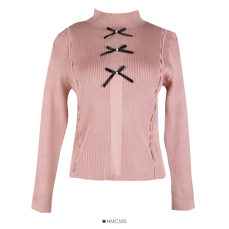 Pull col montant à perles décoratives avec nœud coréen pour femme 2053