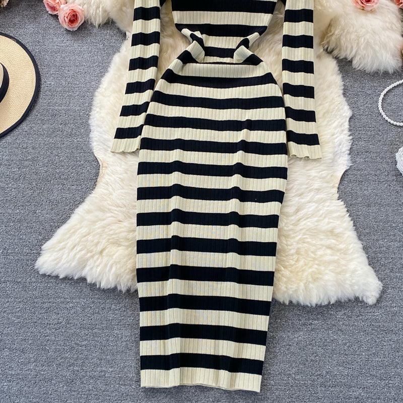 Robe en tricot rayée à manches longues et col rond élastique 2853