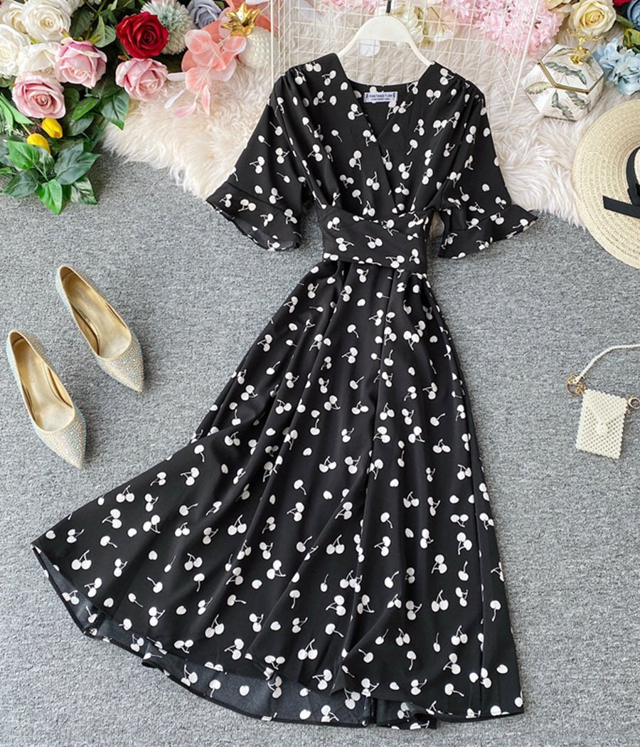 Cute v neck cherry dress summer dress  1282