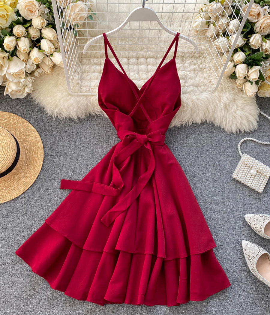 A line v neck short dress summer dress  1196