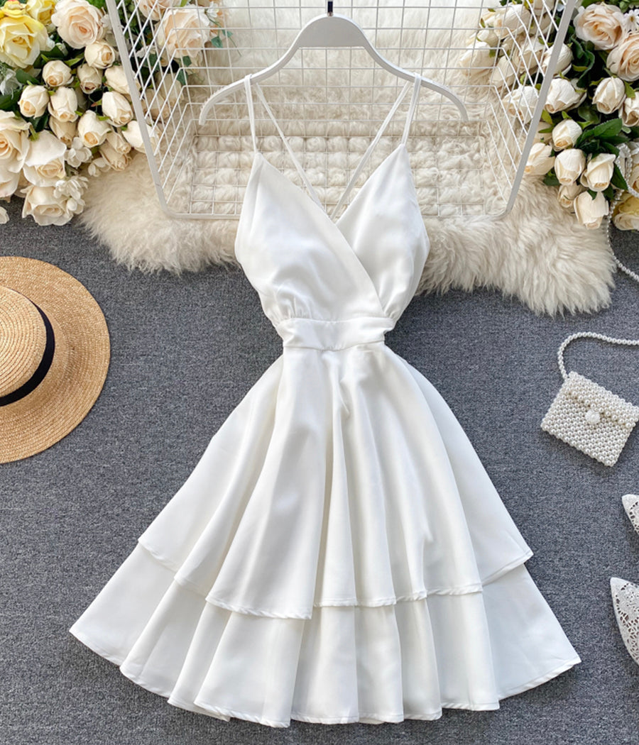 A line v neck short dress summer dress  1196