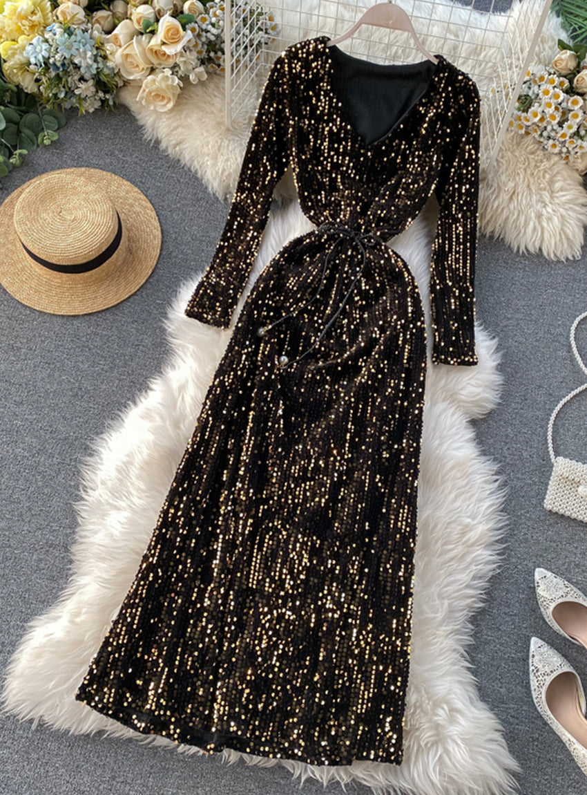 Shiny sequined long sleeve dress women's dress  1174
