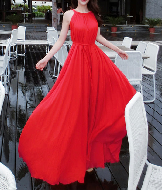 Robe longue en mousseline de soie rouge pour femme 1190