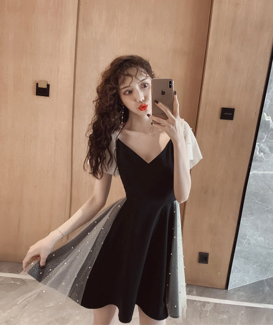 Unique v neck tulle short dress summer dress  1083