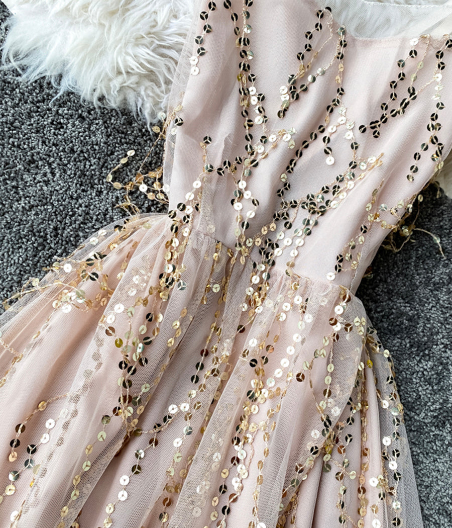 Stylish v neck tulle sequins dress fashion girl dress  1241