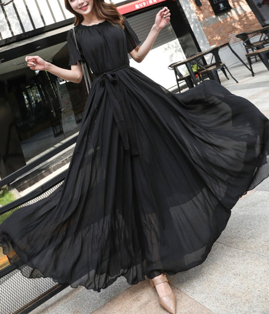Robe longue en mousseline noire pour femme 1191
