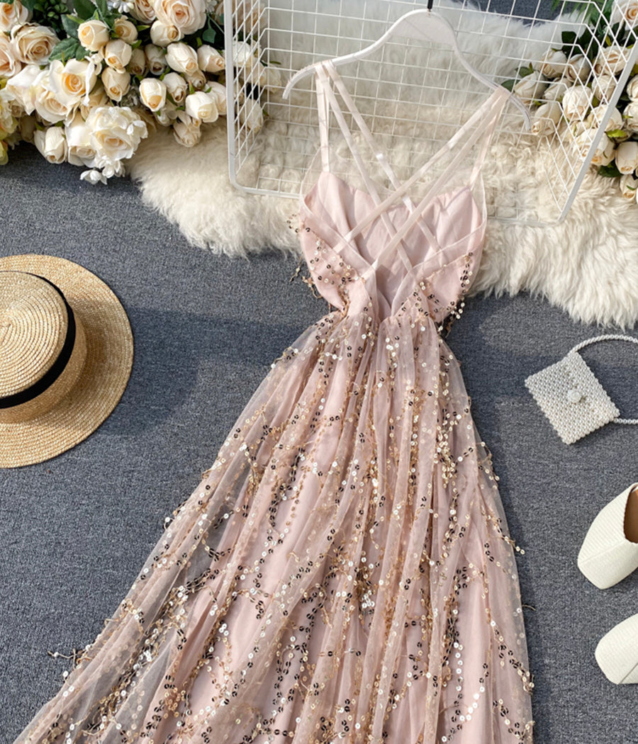 Stylish v neck tulle sequins dress fashion girl dress  1241