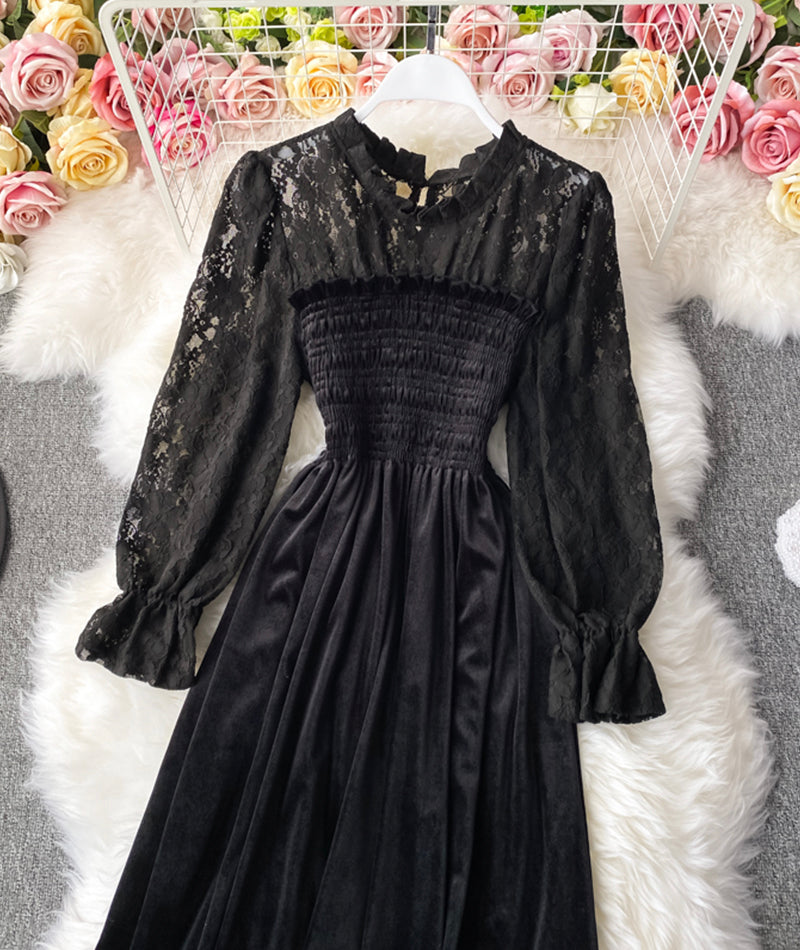 Elegant black velvet lace dress long sleeve dress  986