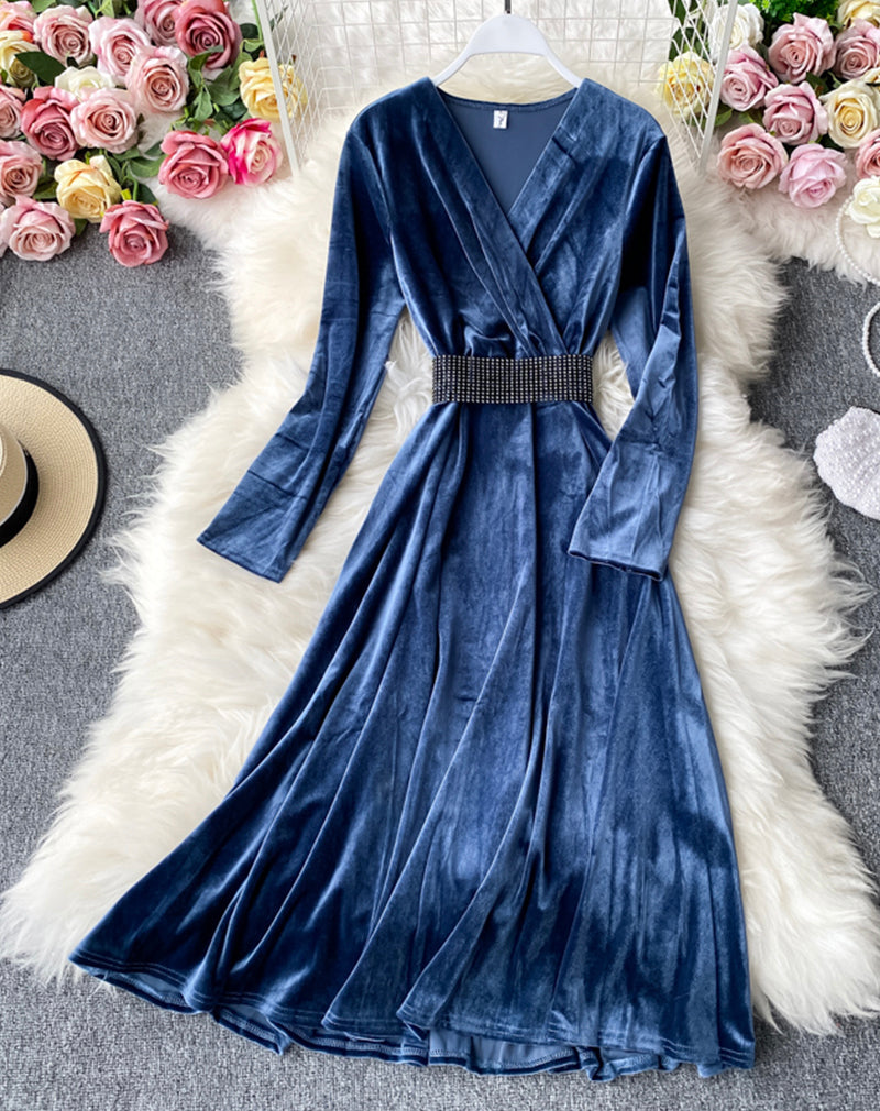 Elegant v neck velvet long sleeve dress women's dress  1070