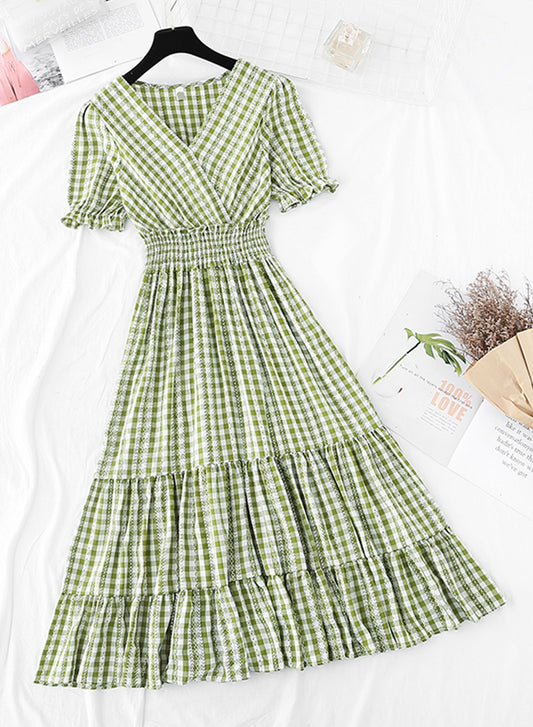 Kariertes Kleid mit V-Ausschnitt, Damenkleid 1138